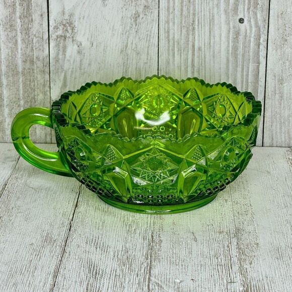 Vintage L.E. Smith Heritage Quintec Green Depression Glass Bowl with Finger Hand - Picture 2 of 6